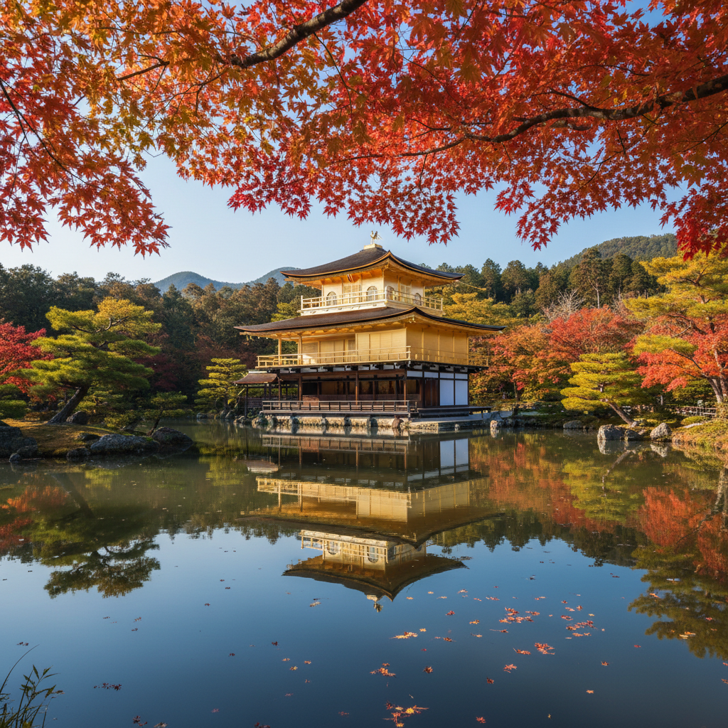 교토 금각사가 잔잔한 연못에 거울처럼 비치는 풍경으로 주변의 단풍이 선명한 붉은색과 노란색으로 물든 고해상도의 가을 이미지