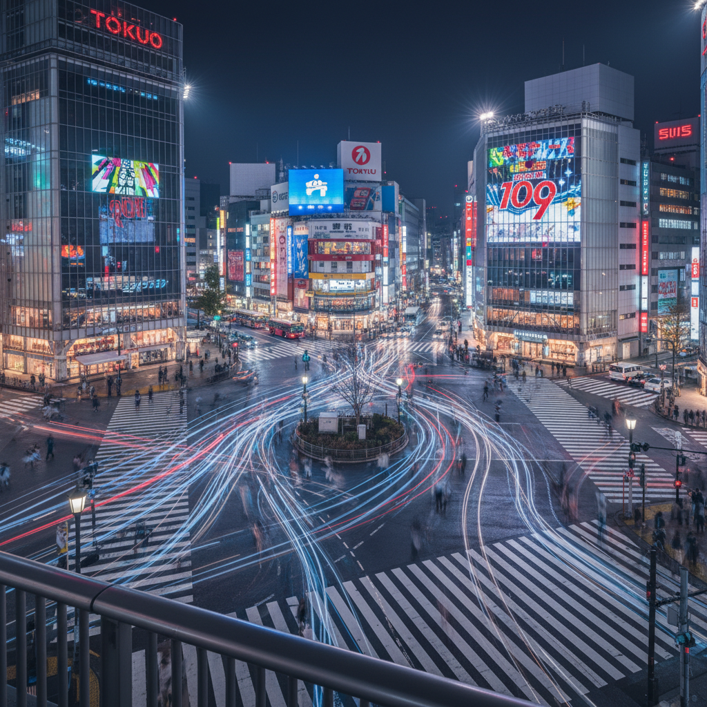 도쿄 시부야 스크램블 교차로의 역동적인 밤 풍경을 담은 사진으로 화려한 대형 네온사인과 보행자들의 움직임이 빛의 궤적으로 표현된 도시적인 이미지