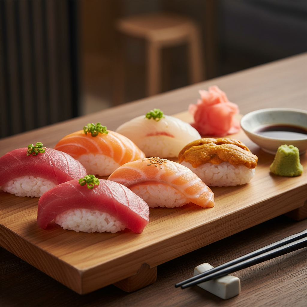 신선한 참치와 연어 그리고 우니가 올라간 정통 일본식 스시 세트가 정갈한 나무 도마 위에 차려진 모습으로 식재료의 질감이 생생하게 느껴지는 근접 촬영 사진