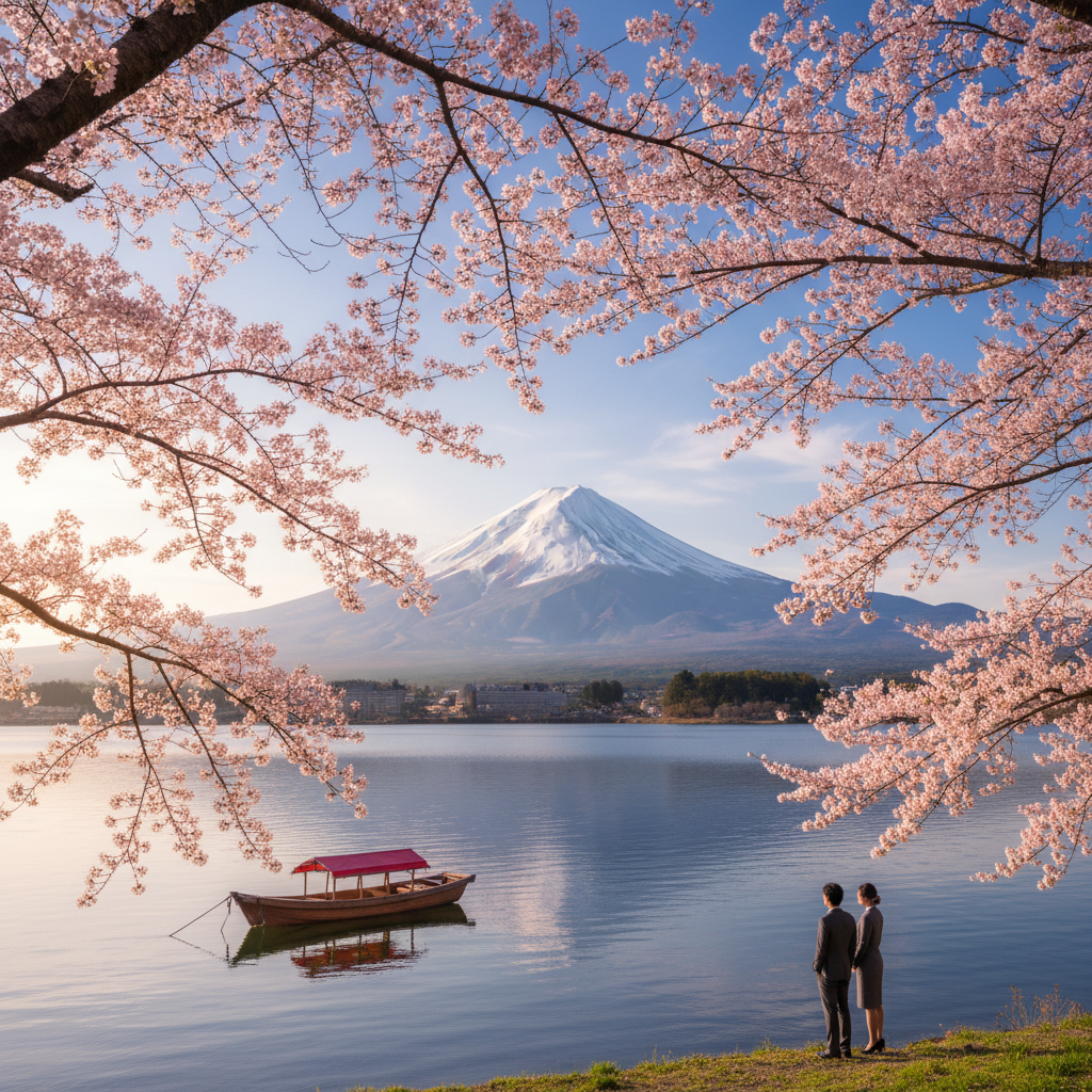 만개한 분홍빛 벚꽃 사이로 눈 덮인 후지산의 산봉우리가 선명하게 보이는 가와구치호 근처의 평화롭고 상징적인 봄 풍경 이미지