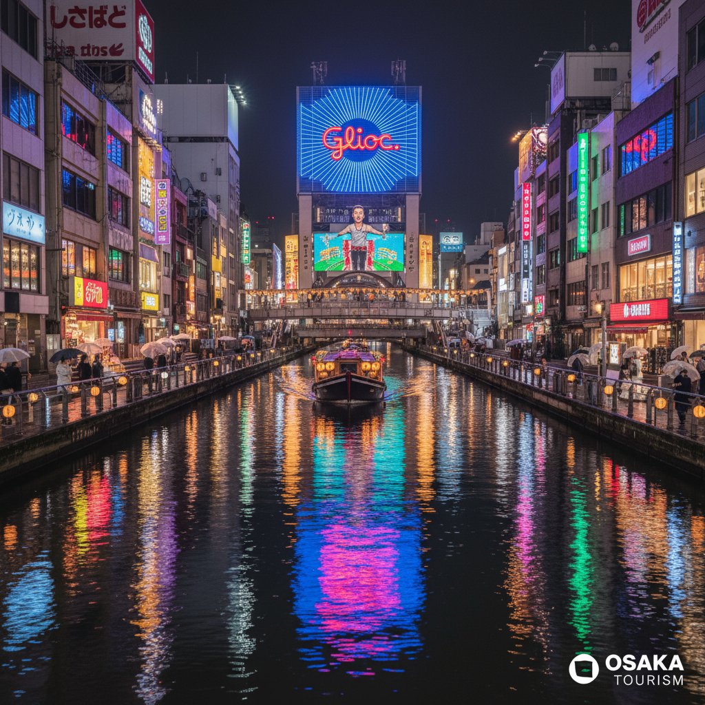 오사카 도톤보리 운하의 화려한 야경으로 글리코상 간판과 주변 상점들의 오색찬란한 조명이 물결에 반사되어 활기찬 분위기를 자아내는 사진