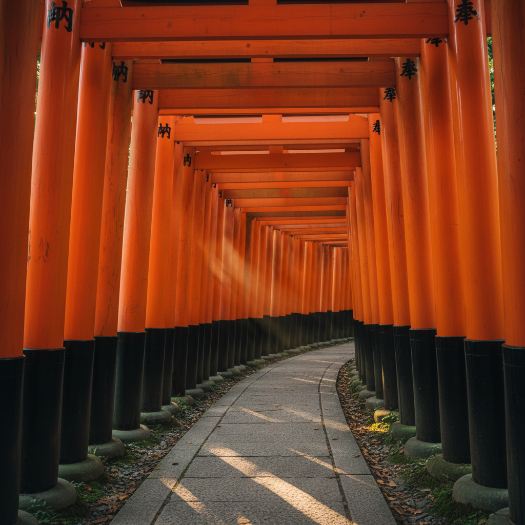 교토 후시미 이나리 신사의 끝없이 늘어선 수천 개의 붉은 도리이 터널 사이로 따뜻한 오후 햇살이 비쳐 들어와 신비롭고 평온한 느낌을 주는 풍경