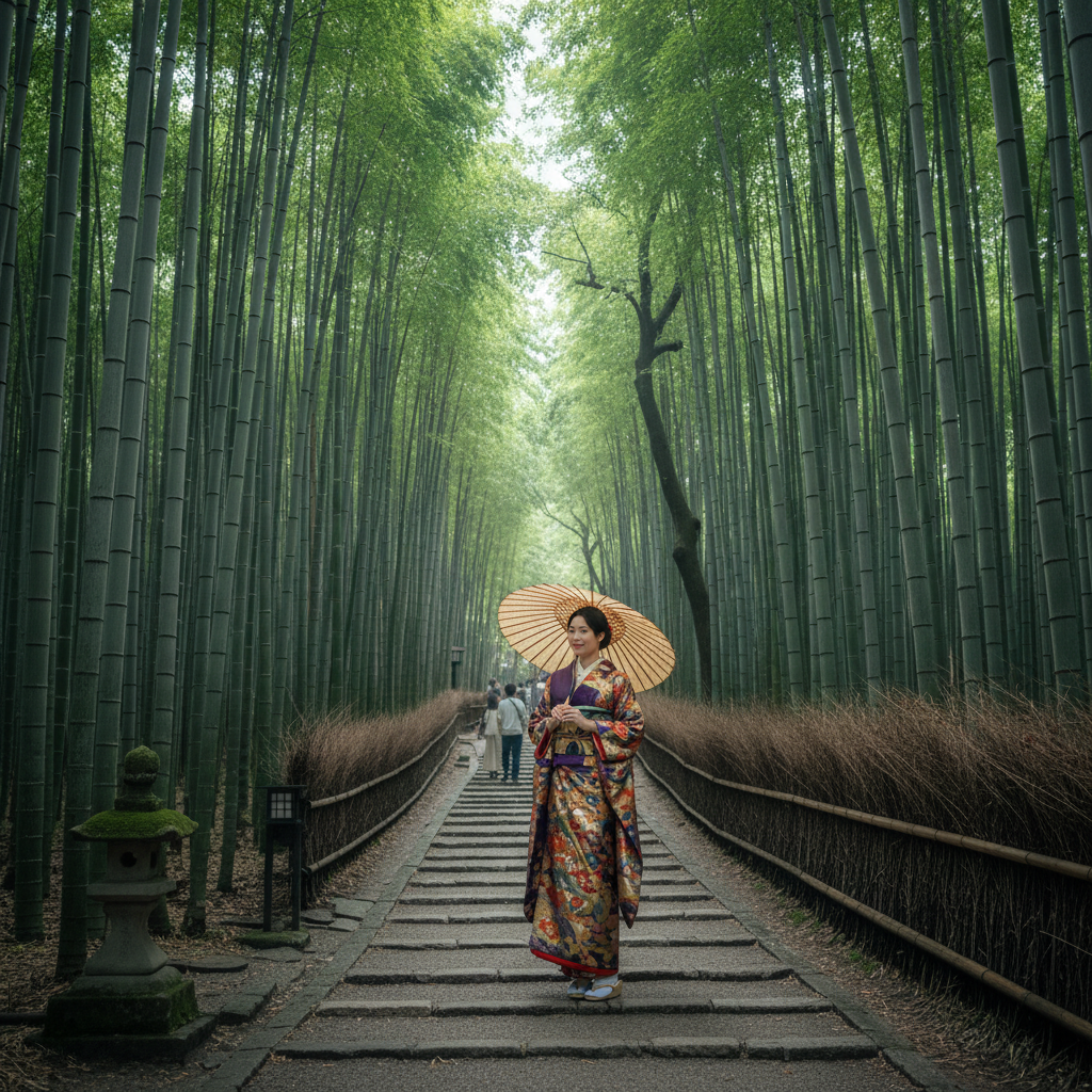 교토 아라시야마의 거대한 대나무 숲길(치쿠린) 사이를 화려한 기모노를 입은 여행객이 여유롭게 걸어가는 모습을 담은 감성적인 여행 사진